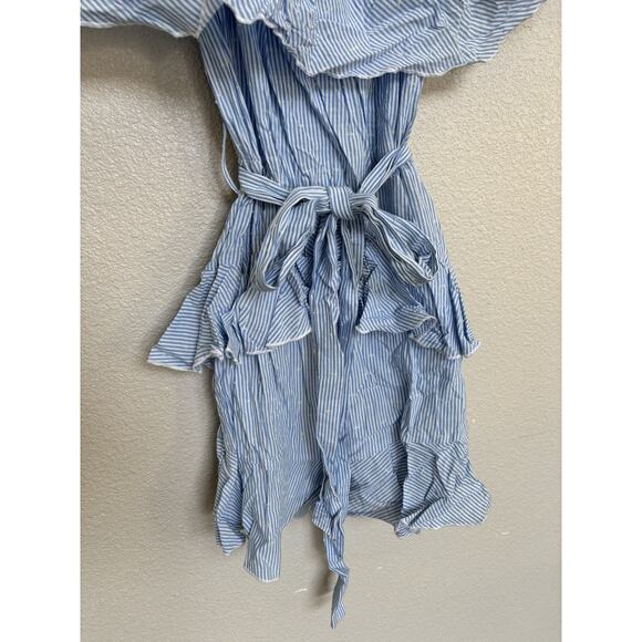 Topshop Blue & White Pinstripe Frill Bardot Ruffled Mini Dress size 4 boho date - Picture 4 of 9